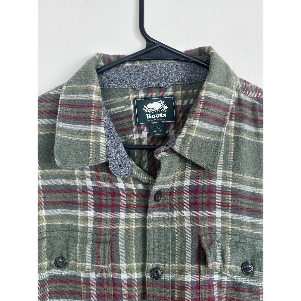 Roots Canada 100% Cotton Flannel Long Sleeve Shirt Large Green Plaid Button Up - Picture 4 of 12